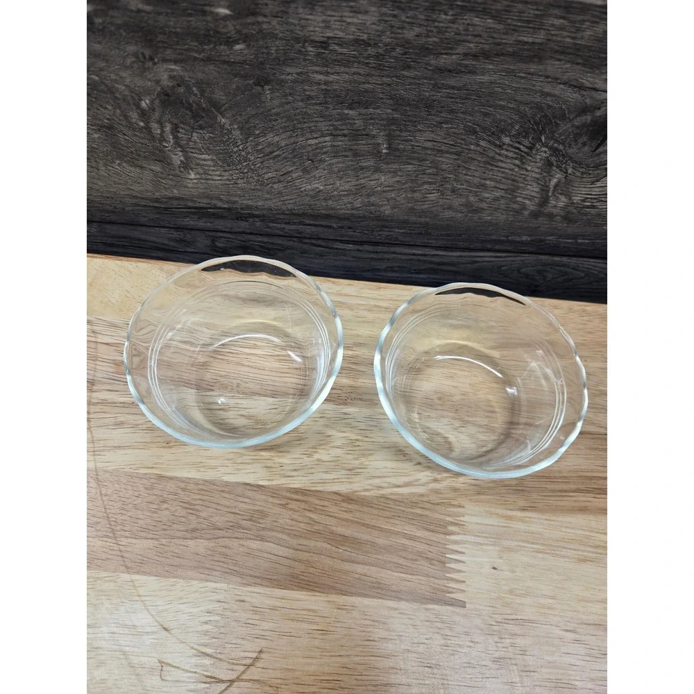 Vintage Corning Pyrex Clear Glass Scalloped Custard Cups Ramekins Set of 2 K23